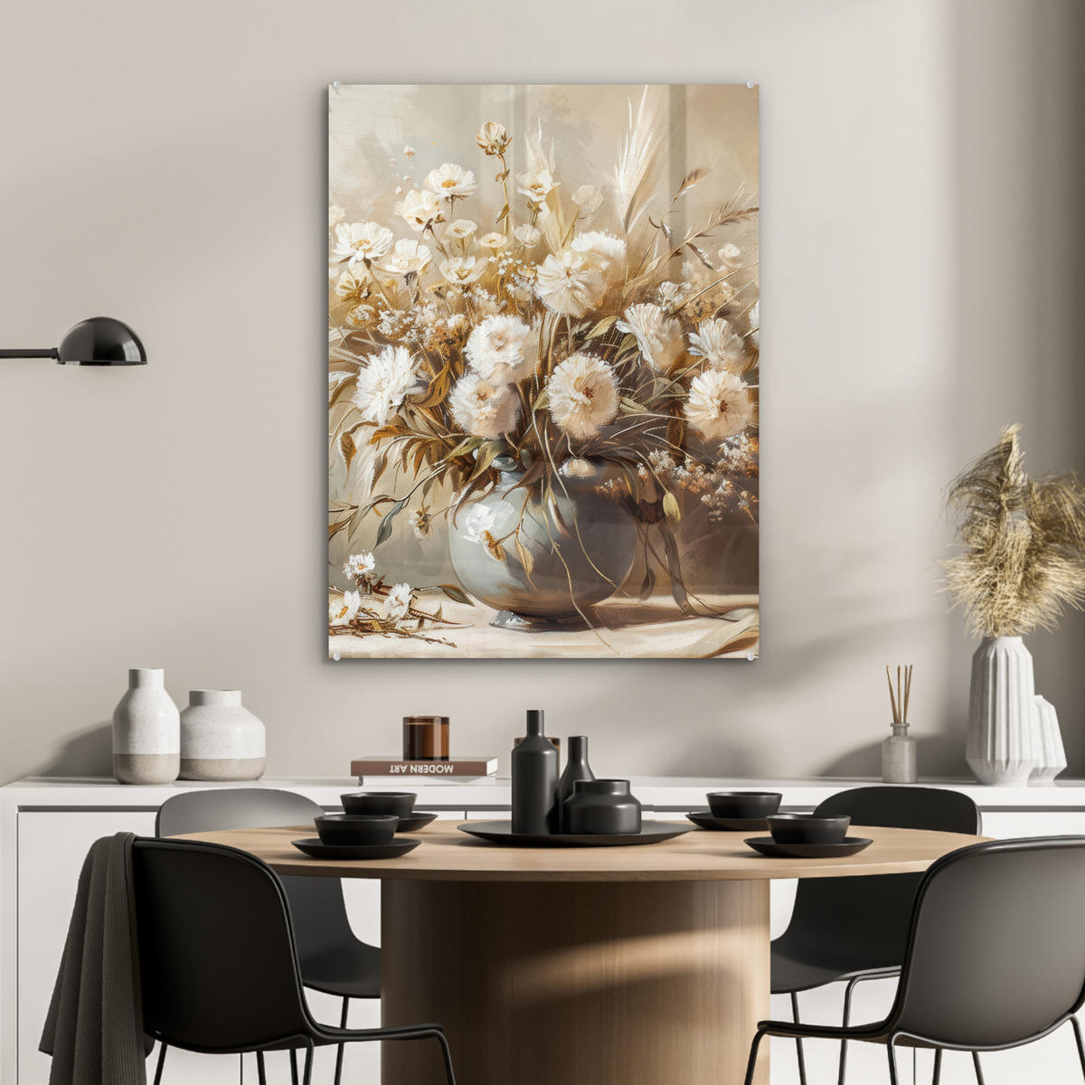 ACRYLGLASBILD Blumen - Vase - Stilleben - Beige 60x80 cm - Creme, Glas (60/80cm) - MuchoWow