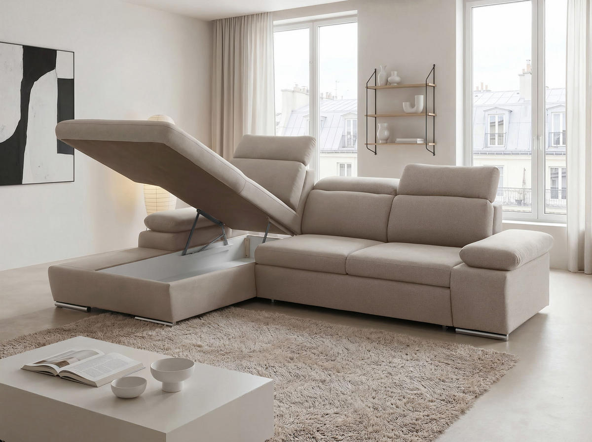 ECKSOFA PABLO mit Schlaffunktion und Bettkasten Beige - Beige, Holzwerkstoff/Kunststoff (250/90cm) - Idohome