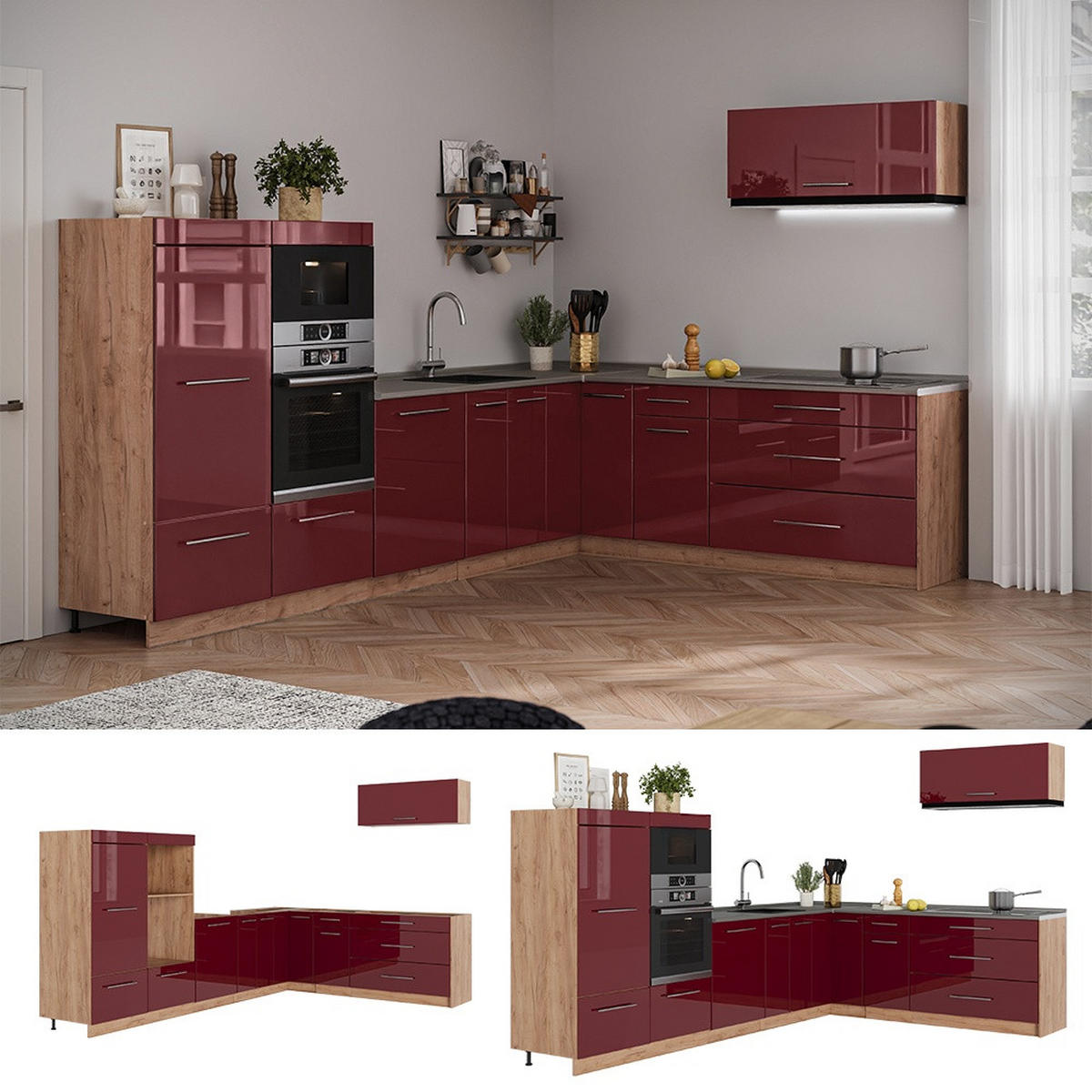 KUHINJA U OBLIKU SLOVA L Fame-Line, Bordo visokog sjaja/Hrast zlatnog tona, 327 x 227 cm, RP Mramor - hrast medunac/bordo, drvni materijal (327/153.6/60cm) - Vicco