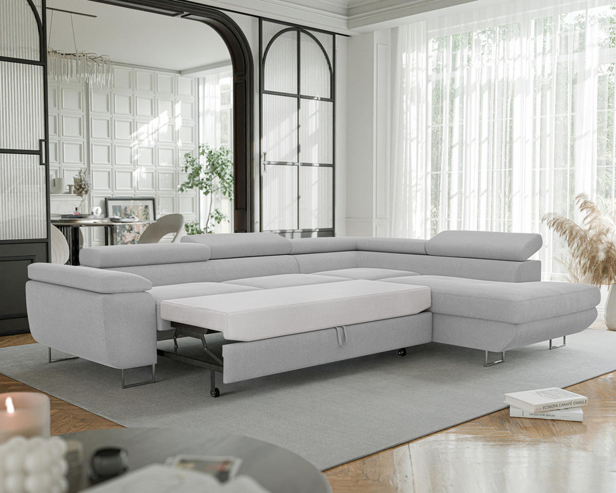 ECKSOFA ANTON mit Schlaffunktion und Bettkasten Hellgrau - Hellgrau, Holzwerkstoff/Kunststoff (274/203cm) - Idohome
