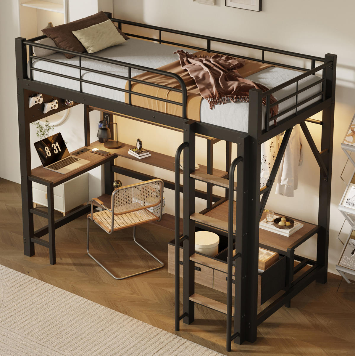 HOCHBETT aus Stahl und MDF 90x200 cm Schwarz mit Schreibtisch, LED-Beleuchtung und Stauraum - Schwarz, Holzwerkstoff (90/200cm) - Modfu