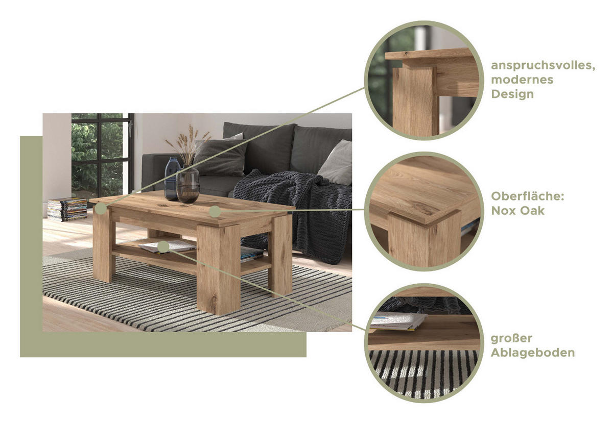COUCHTISCH Eiche Nox 100 cm, Wohnzimmertisch mit Ablage - Eichefarben, Holzwerkstoff/Metall (100/60/45cm) - Inn.Furn