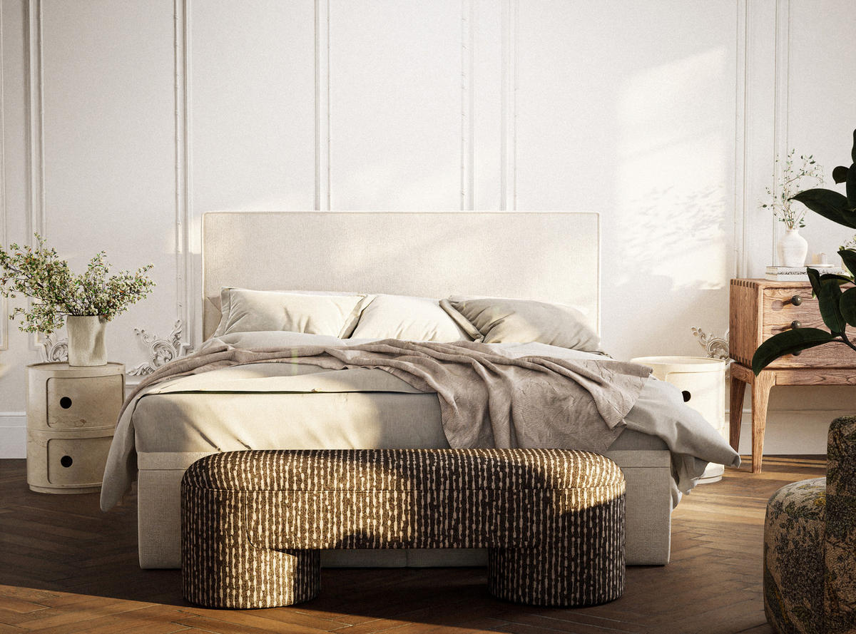 BOXBETT 140/200 cm Tegal, in Creme, Matratze, gepolstertes Kopfteil, Bettkasten, H3 = fest - Creme/Schwarz, Holz/Holzwerkstoff (140/200cm) - Maison de Reve