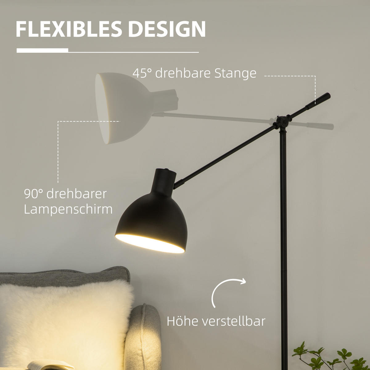 STEHLAMPE höhenverstellbar, 40 W Stehleuchte exkl. Leuchtmittel mit E27 Sockel - Schwarz, Metall (30/30/131cm) - HOMCOM