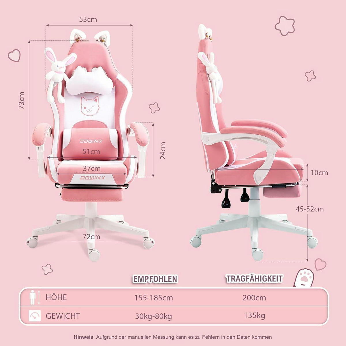 GAMING-STUHL mit Katzenmotiv Rosa mit Fußstütze - Rosa, Kunststoff (57/135/76cm)