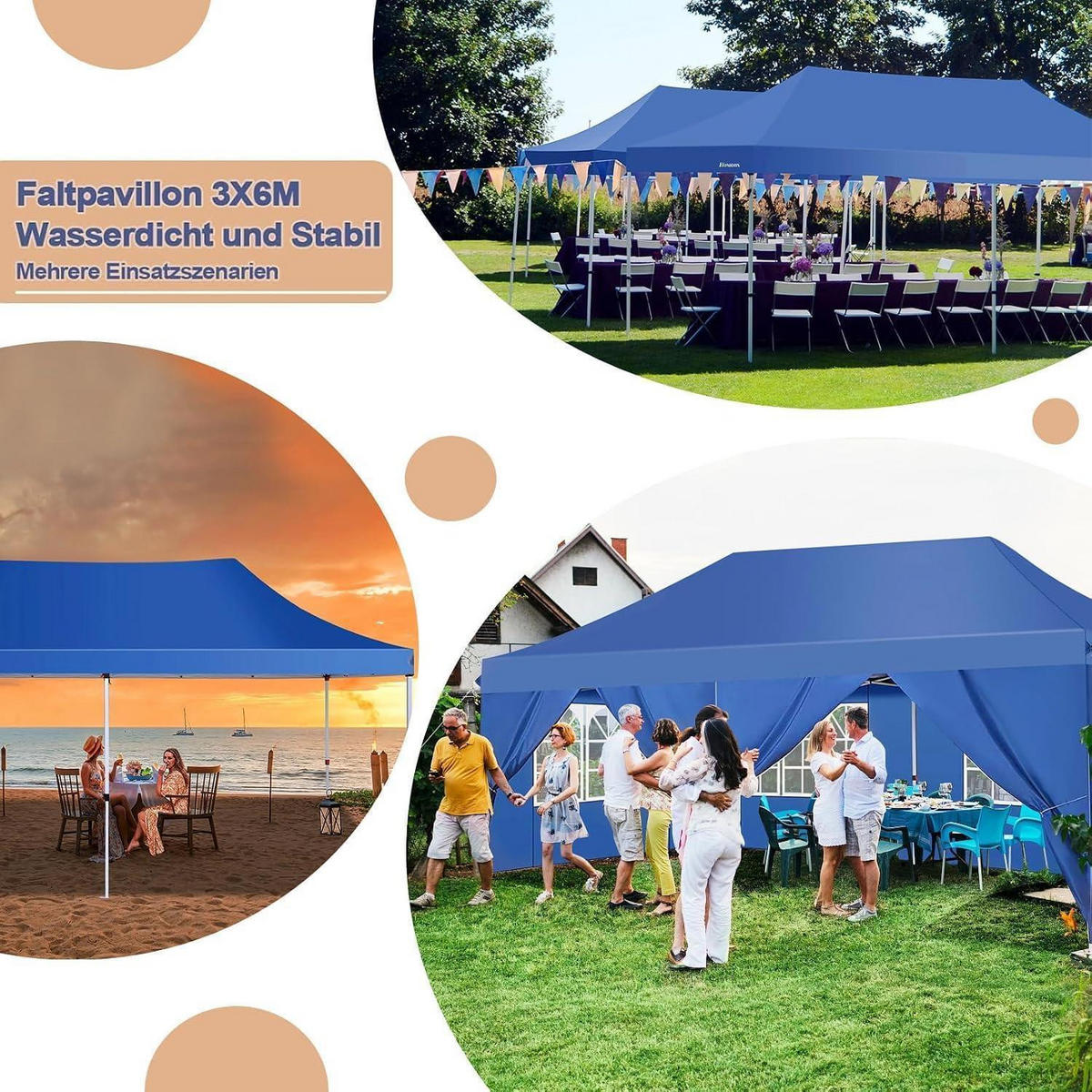 FALTPAVILLON 3 x 6 m Blau Wasserdicht UV-Schutz - Blau, Textil (300/300/600cm)