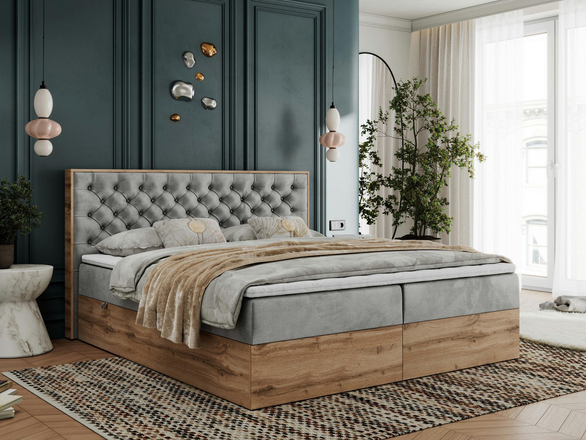 BOXBETT ALBERO 3 - 120/200 Hellgrau Velvet - H3 - Hellgrau, Holz/Textil (120/200cm) - MKS