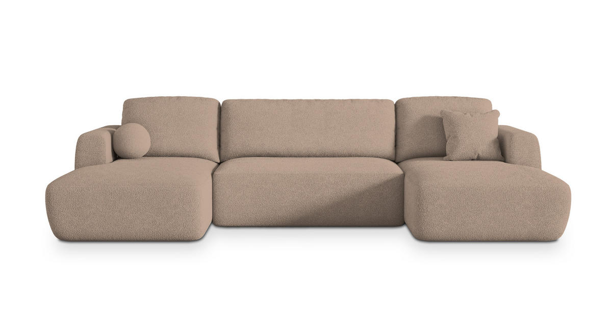 WOHNLANDSCHAFT SENTUM N Beige Boucle-Stoff mit Schlaffunktion - Beige, Holz (330/90/148cm) - MASSENO