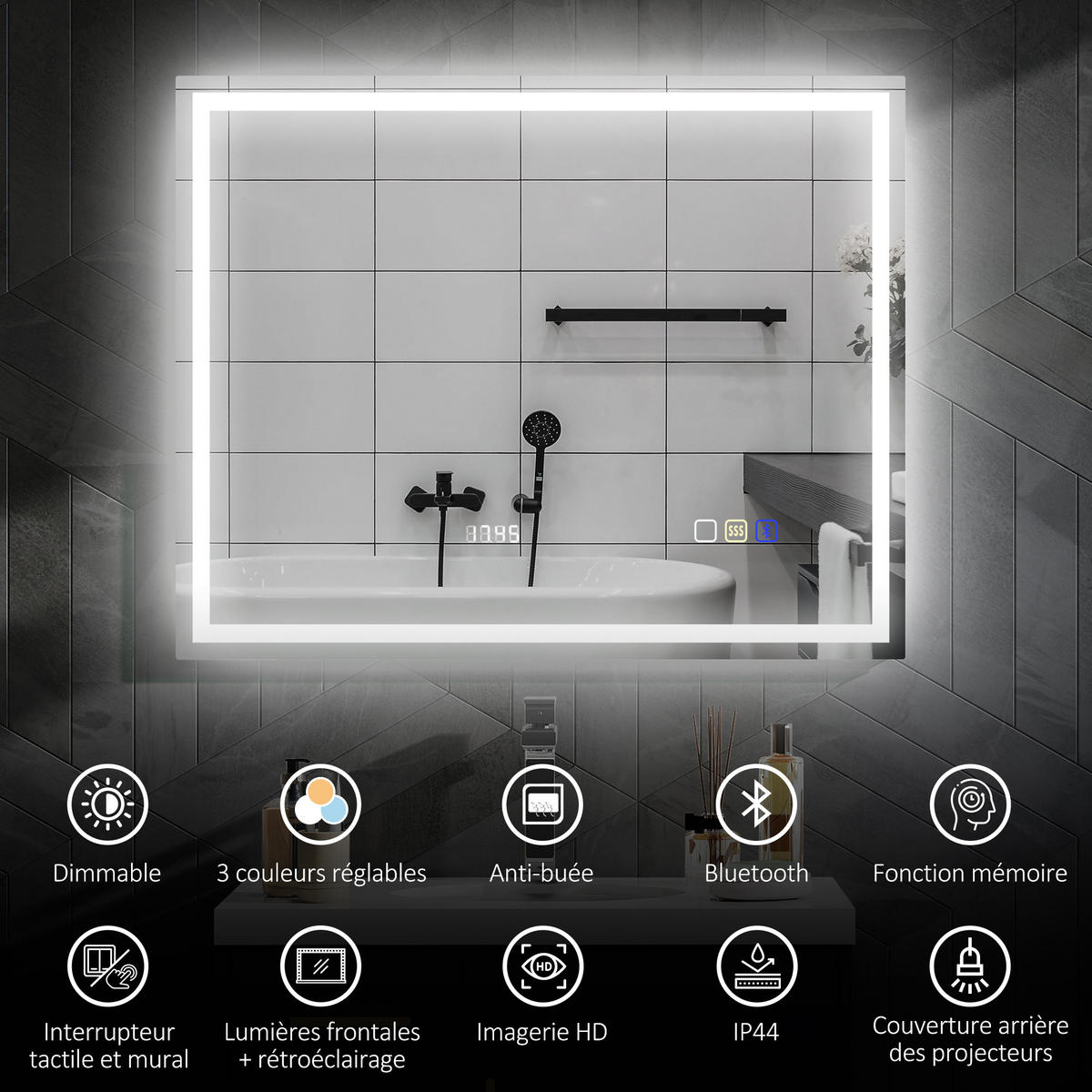BADEZIMMERSPIEGEL DE-15171 mit Bluetooth, 3 LED-Farben und Antibeschlag Silber - Silberfarben, Glas (3.5/80/100cm) - ComfortXL