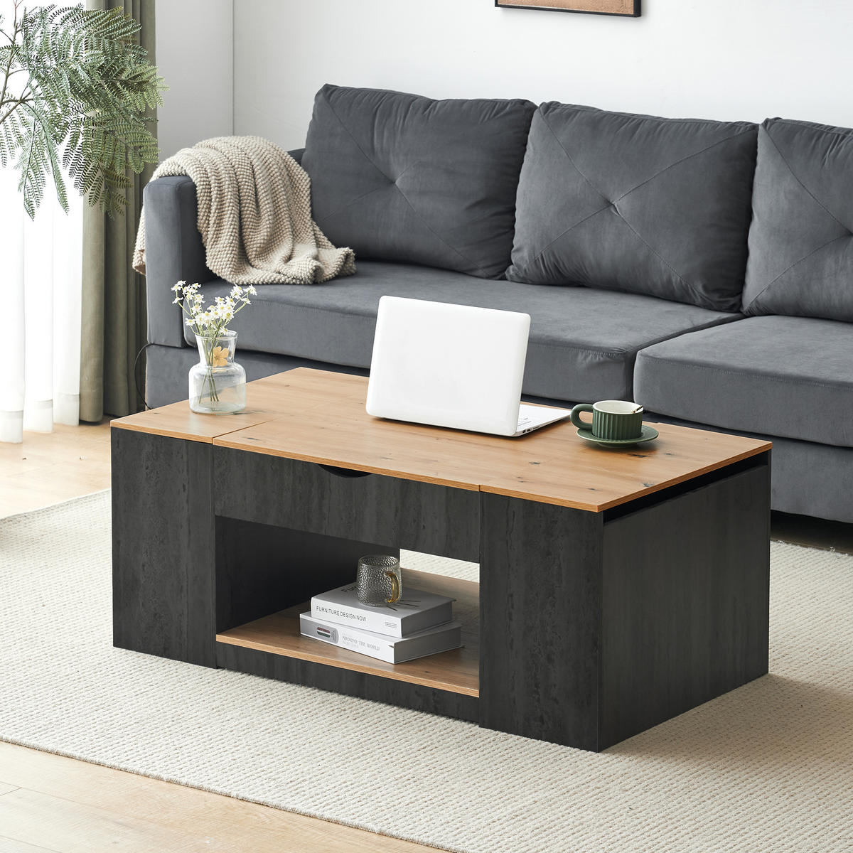 COUCHTISCH, höhenverstellbar mit Stauraum, MDF-Holzmaserung, grauer Korpus, 109,5/59,7/43 cm,Grau - Grau, Holzwerkstoff (59.7/109.5/57.4cm) - Redom