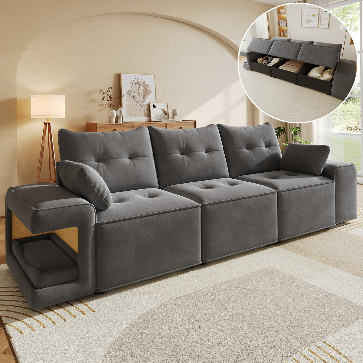 3-SITZER-SOFA DE-33306 mit Stauraum und Haustierbereich Grau - Grau, Holzwerkstoff (229.5/84/78cm) - ComfortXL