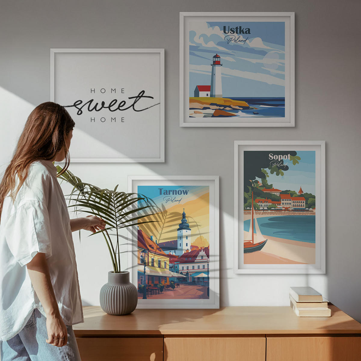 BILDER SET 4er Set - 50x50 cm & 40x60 cm Weißer Rahmen - Polnische Städte Ustka Tarnów Sopot - Weiß, Kunststoff (50/50cm) - TULUP