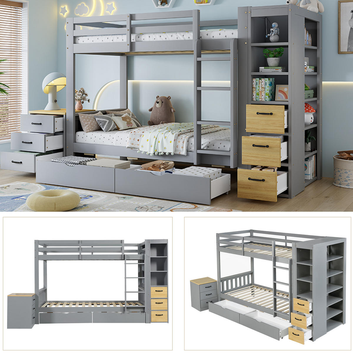 ETAGENBETT 90/200 cm Hellgrau mit Nachtkommode, Regal und Schubladen ohne Matratze - Hellgrau, Holz (90/200cm) - MIVRAY