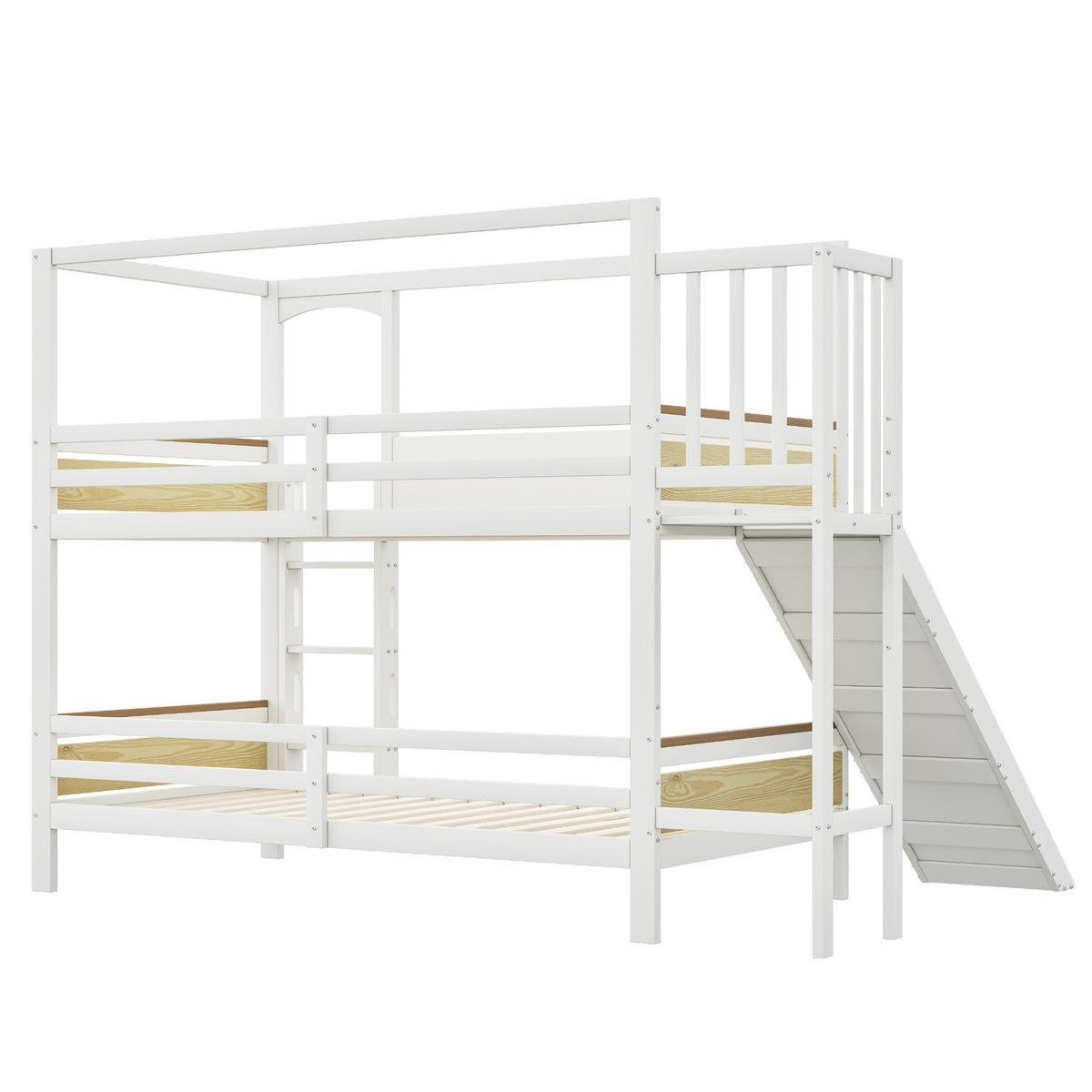 ETAGENBETT aus Kiefer 90x200 cm in Weiß mit Rutsche & Sicherheitsleiter - Weiß, Holz (90/200cm) - Modfu