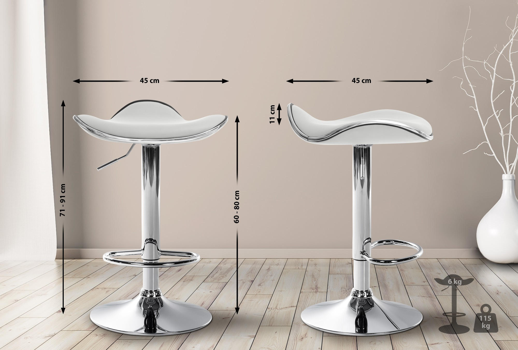 BARHOCKER Lederlook Weiß - Chromfarben/Weiß, Textil/Metall (45/71/45cm) - CLP