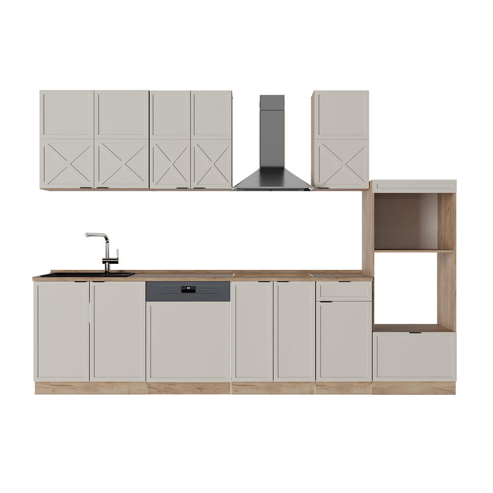 KÜCHENZEILE Fame-Line GrauBeige/Goldkraft Eiche 300 cm mit Hochschrank AP Eiche - Honigeiche/Grau, Holzwerkstoff (300/81.6/60cm) - Vicco