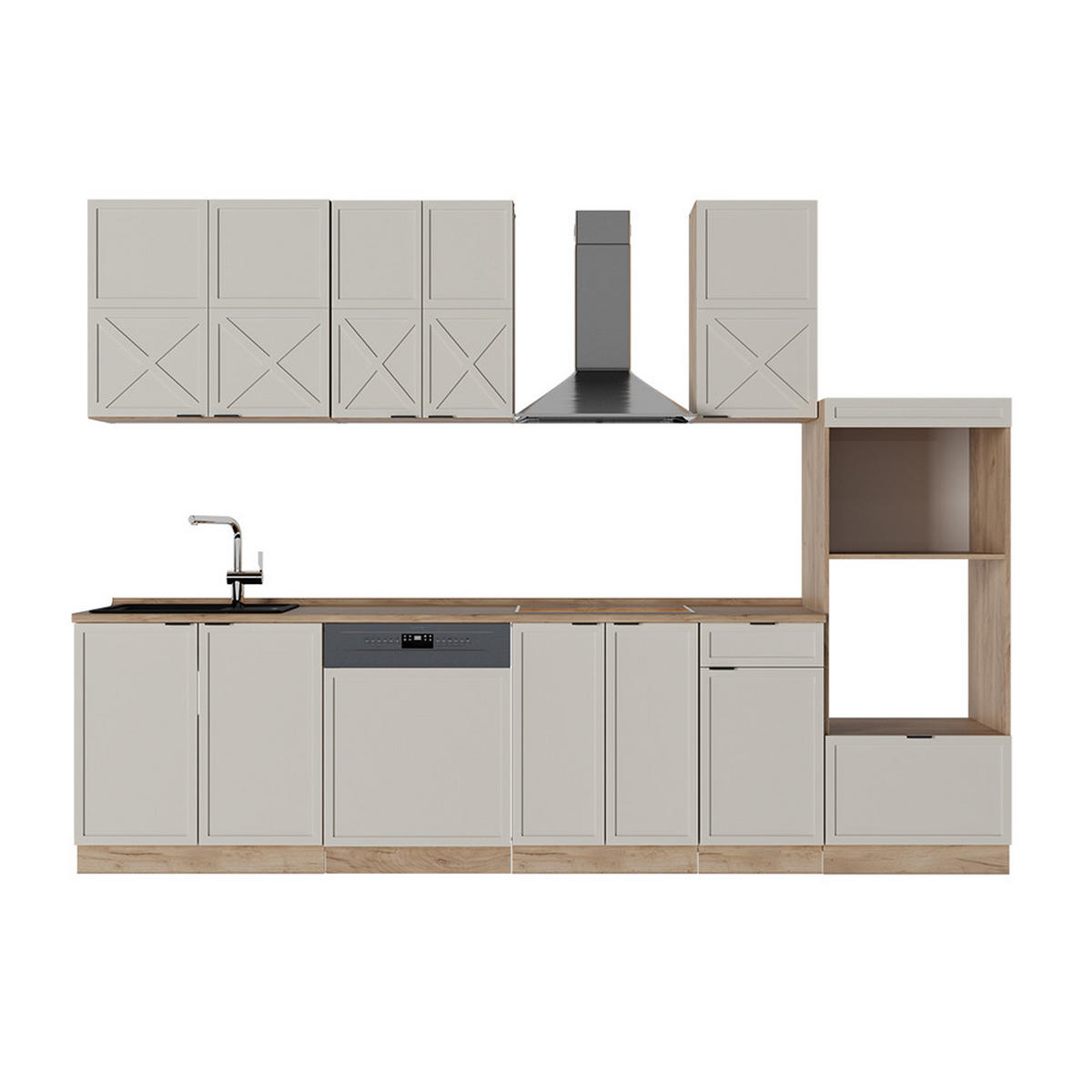 KÜCHENZEILE Fame-Line GrauBeige/Goldkraft Eiche 300 cm mit Hochschrank AP Eiche - Honigeiche/Grau, Holzwerkstoff (300/81.6/60cm) - Vicco