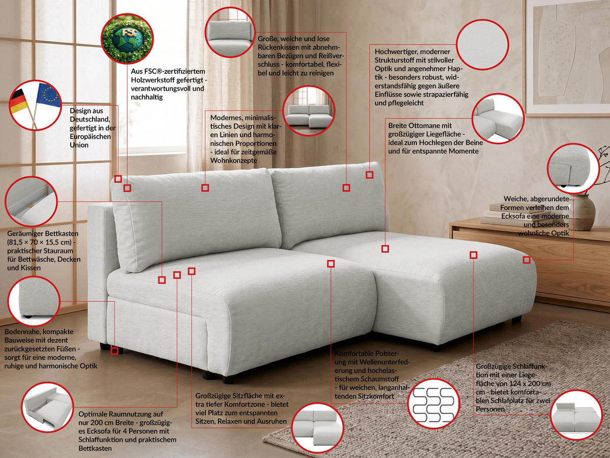 ECKSOFA Sora mit Schlaffunktion, Bettkasten und extra tiefer Komfortzone aus hochwertigem Hellgrau Strukturstoff - Hellgrau/Schwarz, Holz/Kunststoff (200/140cm) - S-Style