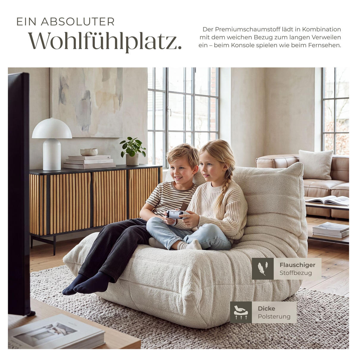 RELAXSESSEL Logo, 95 x 100 x 75 cm, Bouclé creme - Creme, Textil (95/75/100cm) - tectake