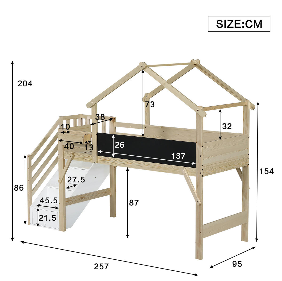 ETAGENBETT mit Stauraumtreppe und Kreidetafel 90x200 cm Weiß/Natur - Weiß, Holzwerkstoff (90/200cm) - Beauniv