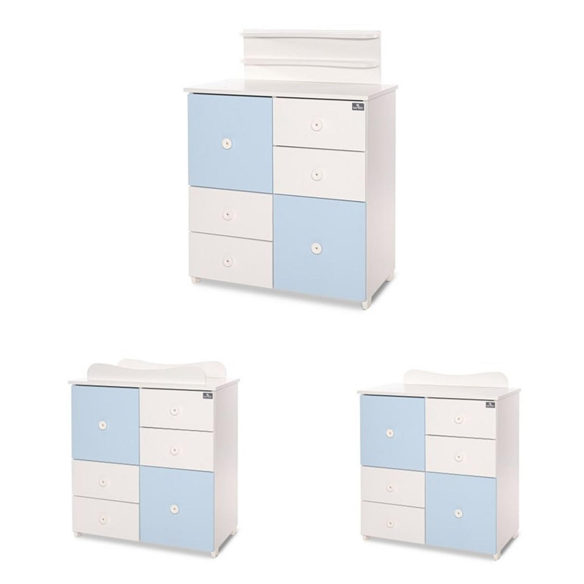 KOMMODE Cupboard weiß blau 83 x 71 cm, 4 Schubladen, 2 Türen, Regalboden, Wickelplatz, umbaubar - Blau, Holzwerkstoff (71/96/83cm) - Lorelli