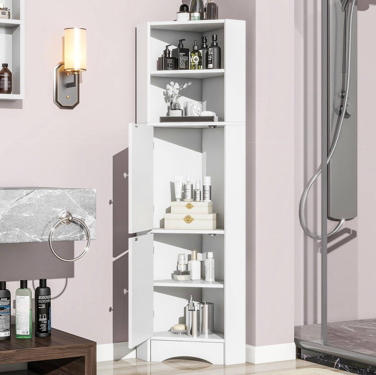 BADSCHRANK Eckschrank 36,5 x 36,5 x 155 cm Weiß - Weiß, Holzwerkstoff (36.5/155/36.5cm) - Beauniv