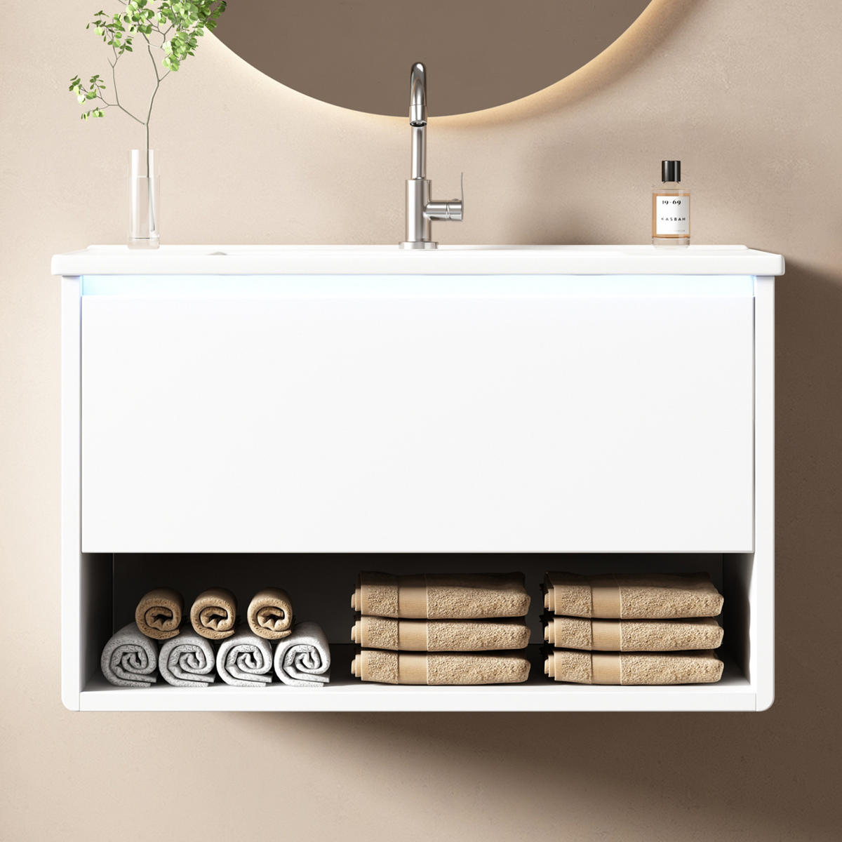 WASCHTISCHUNTERSCHRANK 76x46x45 cm Weiß aus Holzwerkstoff & Keramik mit LED-Sensorlicht - Weiß, Holzwerkstoff (76/45/46cm) - Modfu
