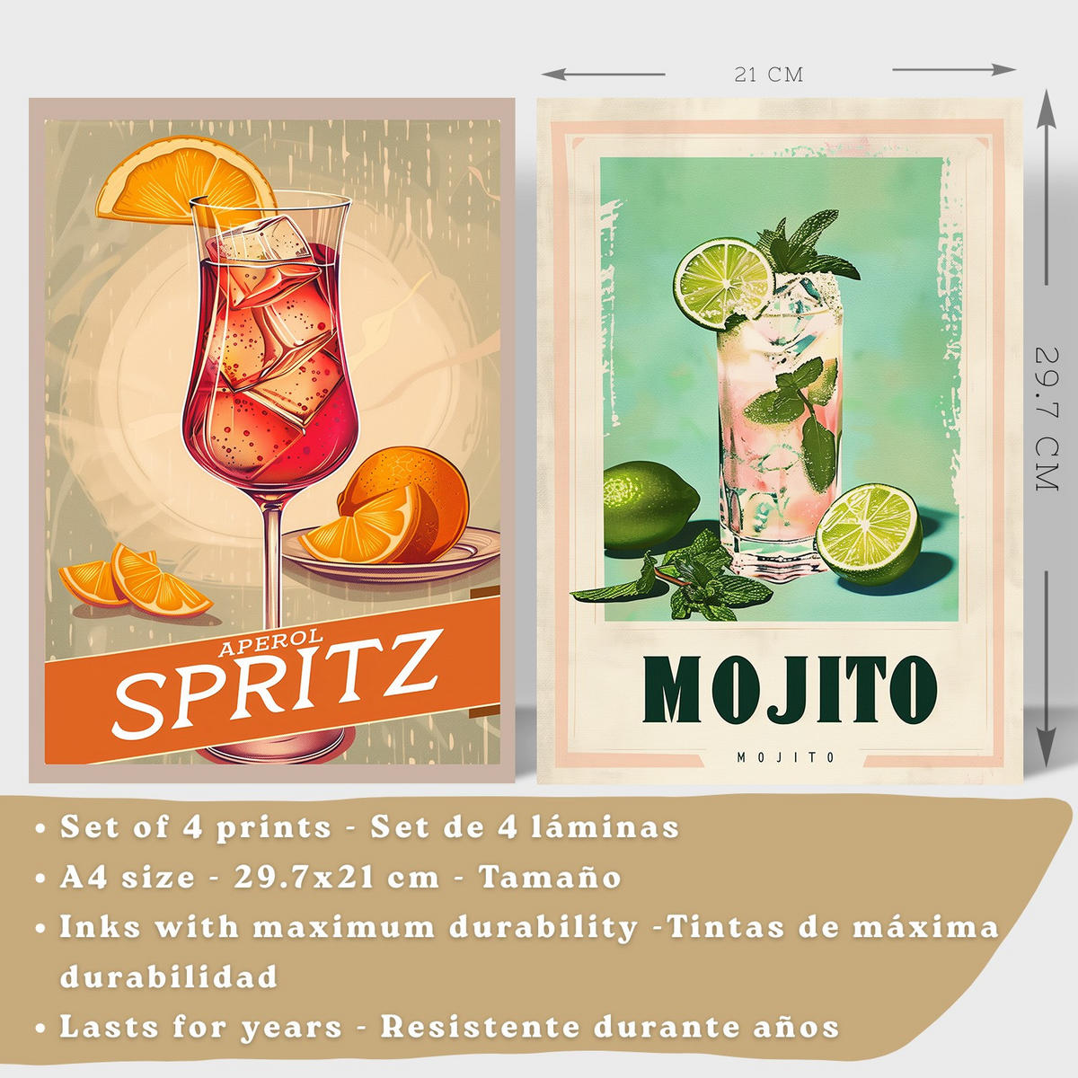 PLAKAT Sada 4 Koktejlový nápoj A4 Černý rám - černá, papír (29.7/1/21cm) - Nacnic