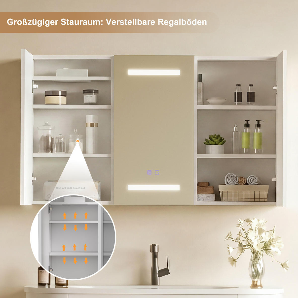 SPIEGELSCHRANK 100 cm LED, Antibeschlag, USB & Papierschlitz - Weiß, Glas (13.5/60/100cm) - SHOPENTRA