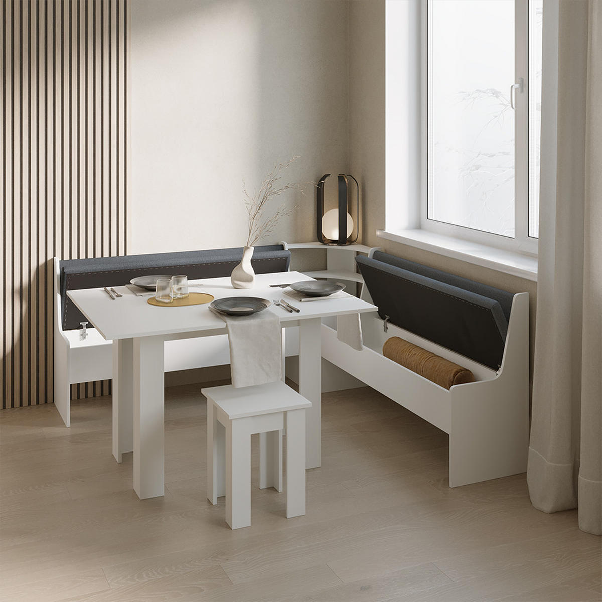 ECKBANKGRUPPE Tiberio Weiß 180 x 180 cm mit Tisch - Weiß, Holzwerkstoff (180/80/180cm) - Livinity®