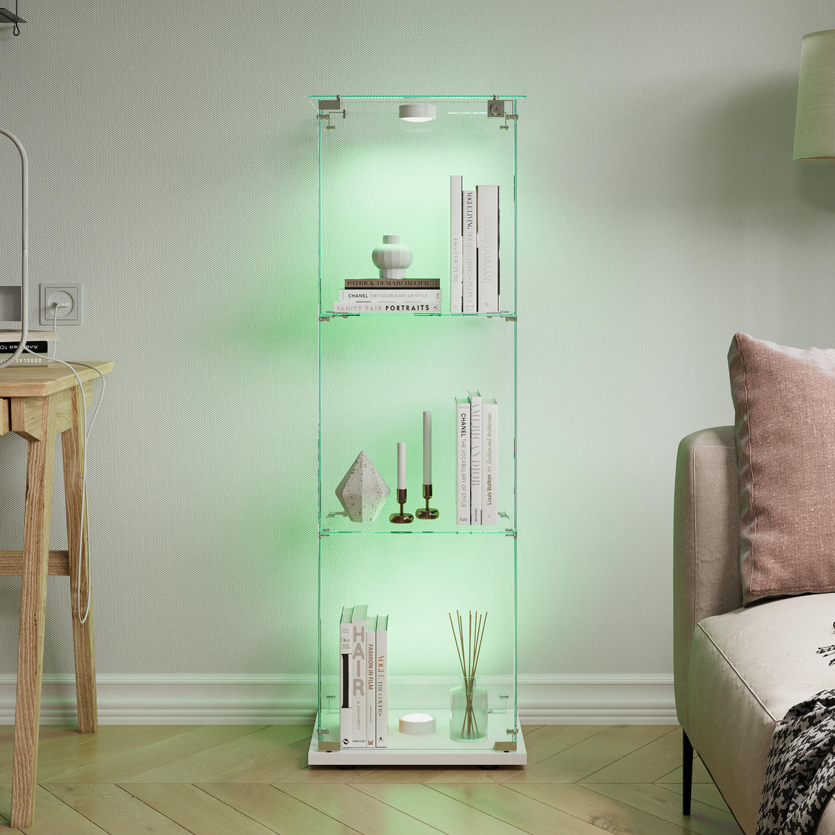LED-VITRINE, 3-stufig, abschließbar, Weißrahmen - Weiß, Glas (39.8/123.3/35cm) - Joyfair