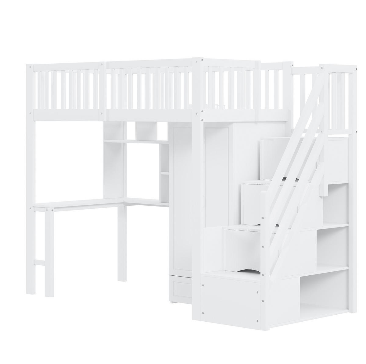 HOCHBETT 90/200 cm Weiß mit Kleiderschrank Tisch Stauraum Treppe aus Holz - Weiß, Holz (90/200cm) - OKWISH