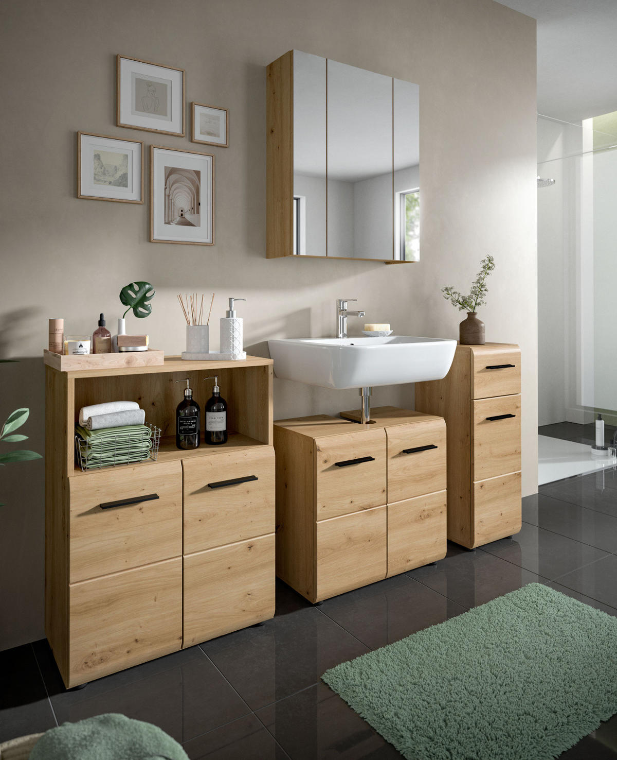 BADMÖBEL-SET 4-teilig in Artisan Eiche, Badkombination 180 x 185 cm, Cover - Schwarz/Eiche Artisan, Glas/Holzwerkstoff (180/185/30cm) - Inn.Furn