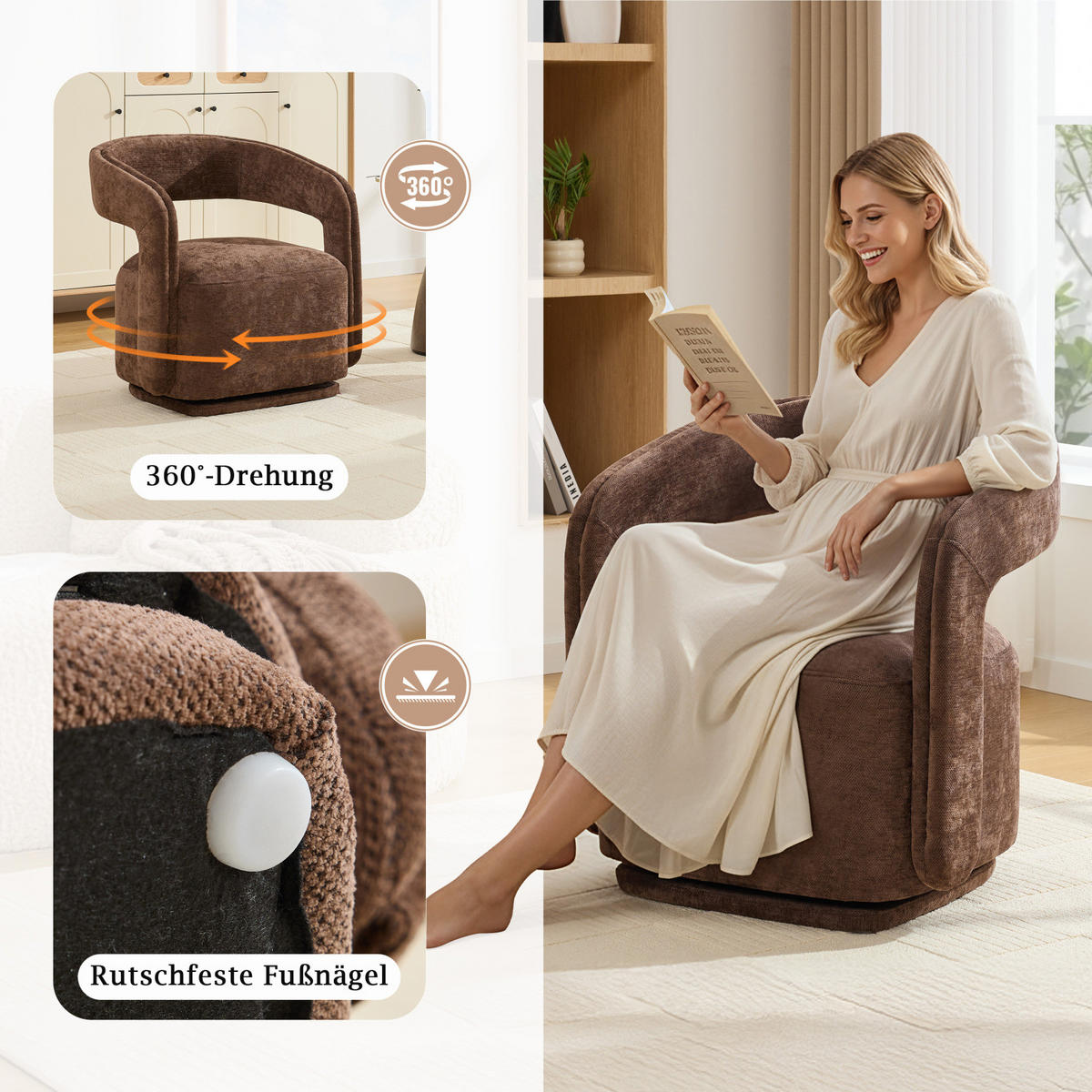 SESSEL,360 Grad Drehsessel Chenille Braun, Wohnzimmer Relaxsessel - Braun, Textil (70/74/65cm) - PARAFTA HOME