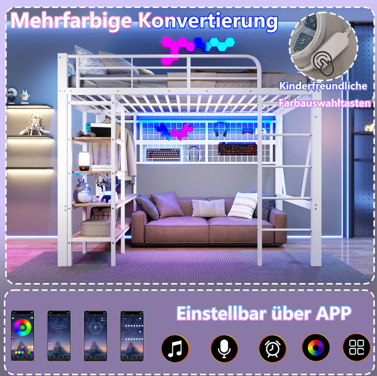 HOCHBETT 140/200 cm Weiß aus Metall mit LED-Lichtleiste - Weiß, Metall (140/200cm) - OKMYHOME