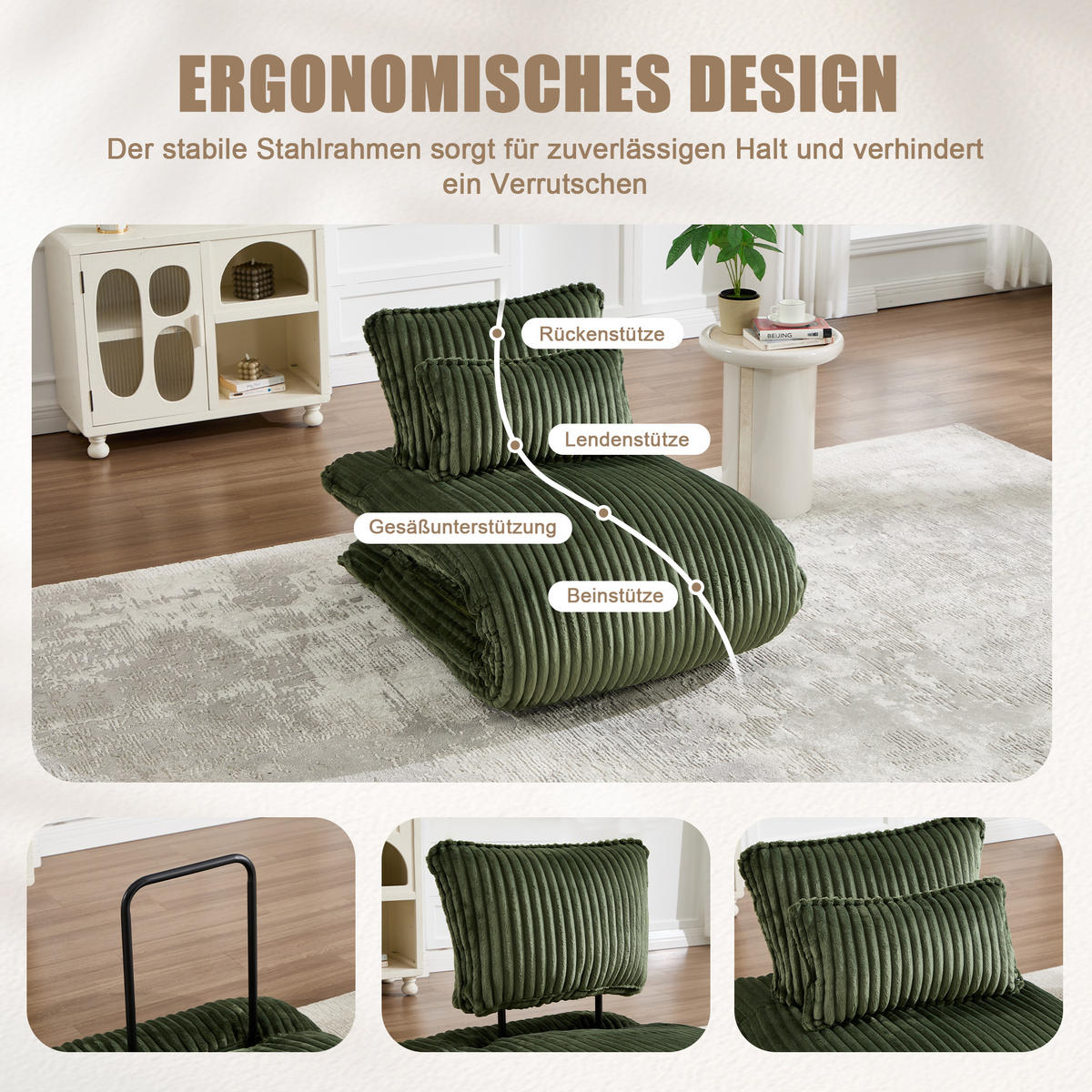SCHLAFSESSEL 2-in-1, Cord, Metall--Rückenlehne, 227cm Länge, Grün - Grün, Textil/Metall (74.5/78.5/107cm) - LVHOM