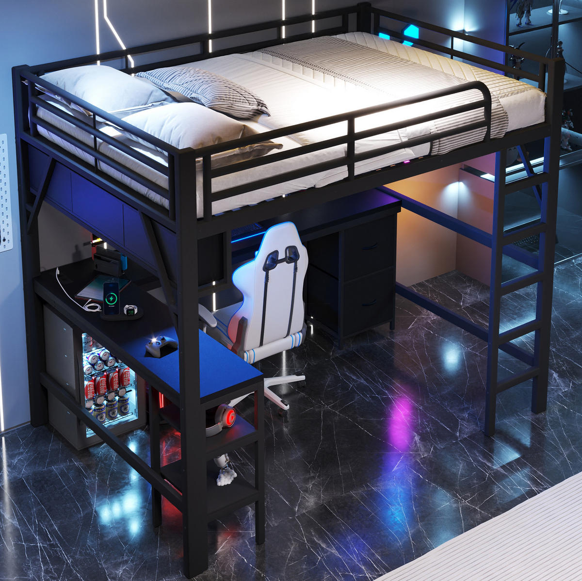 HOCHBETT 140/200 cm aus Metall und MDF mit Schreibtisch USB und LED-Beleuchtung Schwarz - Schwarz, Holzwerkstoff (140/200cm) - Modenvie