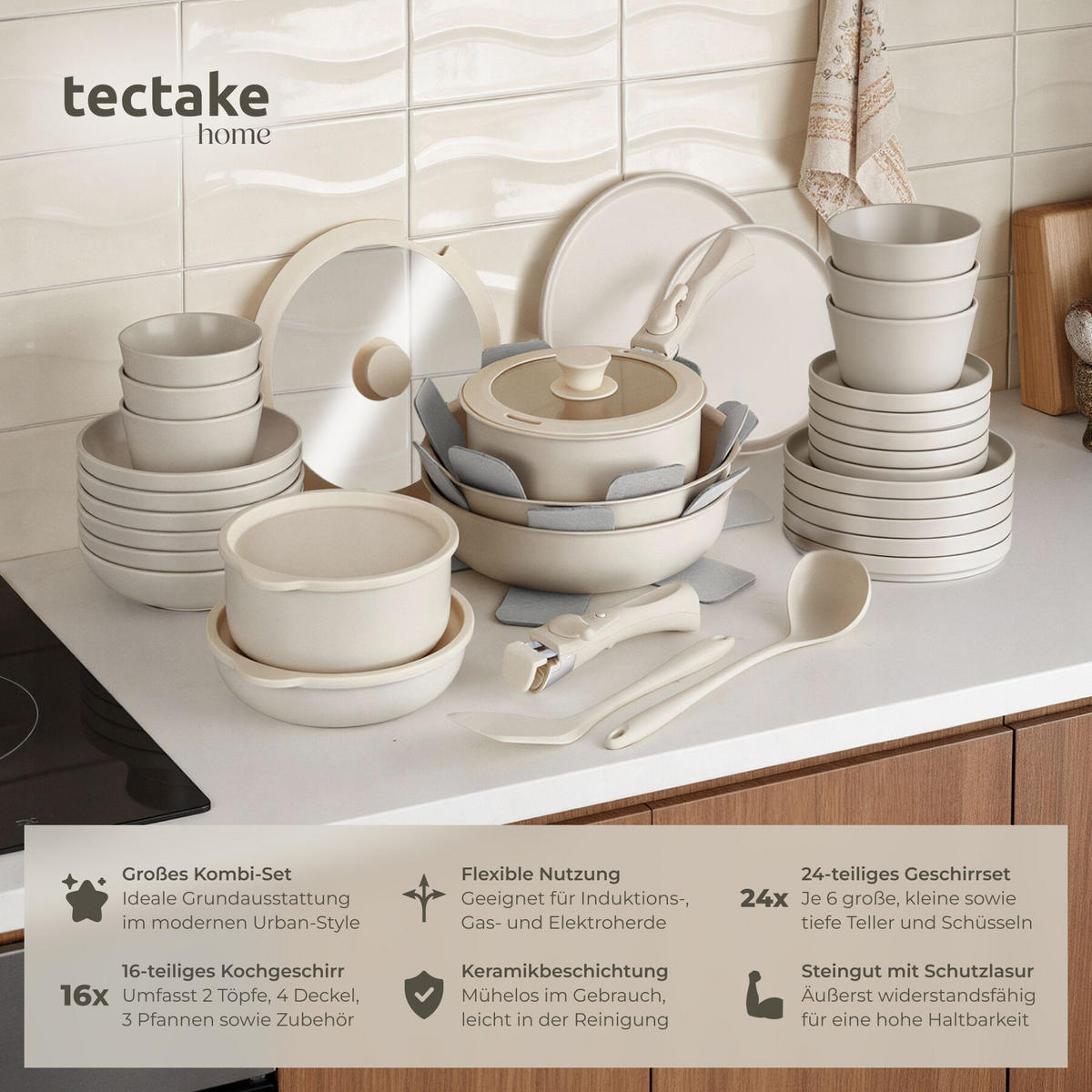 KÜCHENSTARTERSET 40er Set Una/Genua, inklusive Küchenwerkzeugen, Topfschonern und anklemmbaren Griffen, taupe/weiß - Taupe, Keramik (27.5/13/44cm) - tectake