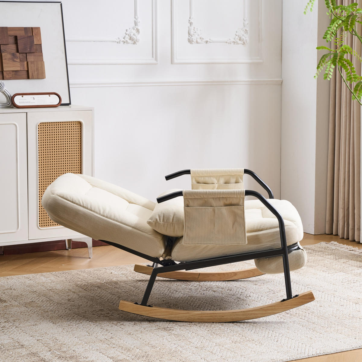 SCHAUKELSTUHL Beige Cord mit Fußstütze und Lendenkissen - Beige, Textil (87/89/88cm) - Oxeza