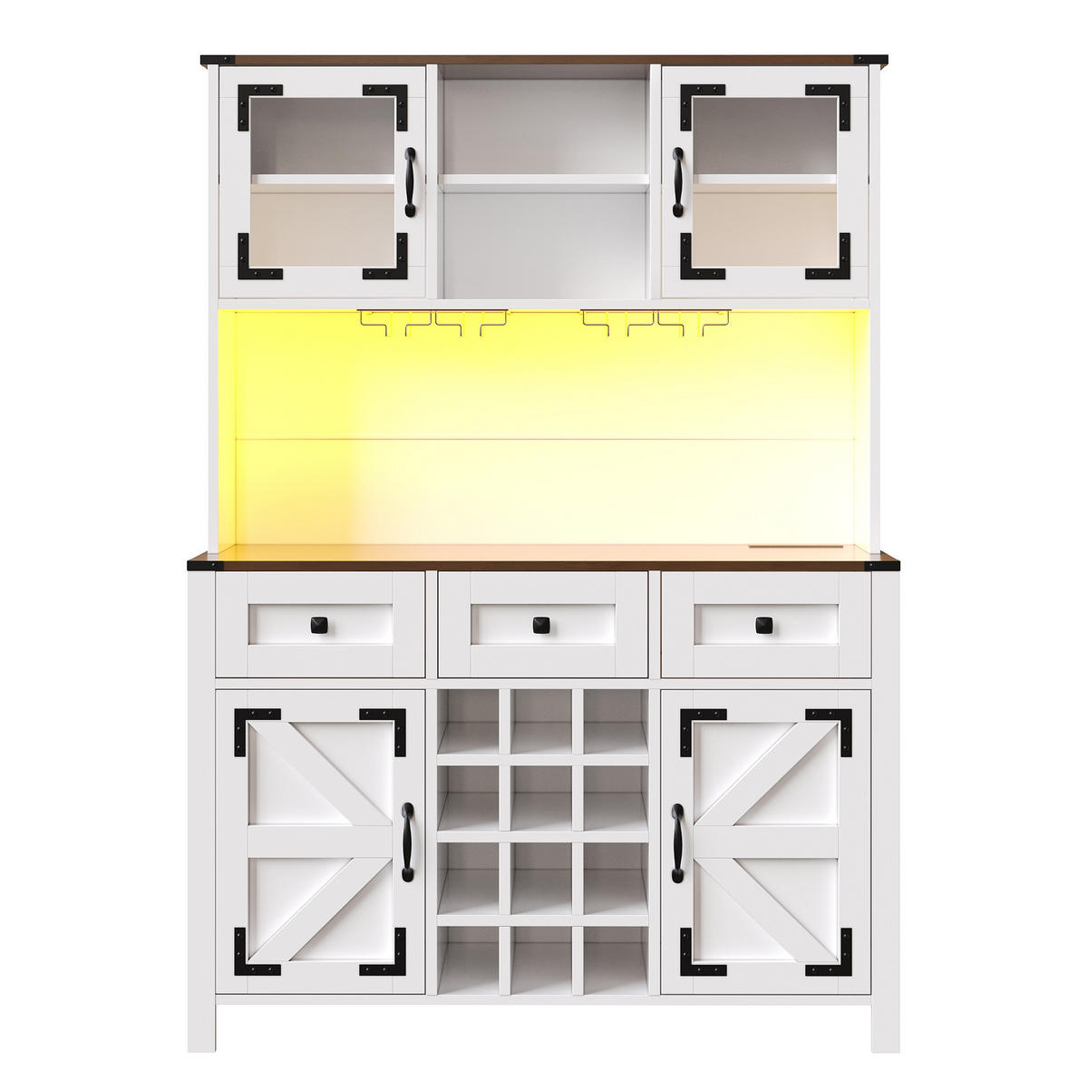 SKŘÍŇ na nádobí 120×40×170 cm bílá, MDF se sklem a LED osvětlením - bílá, kompozitní dřevo (120/170/40cm) - BEAOK