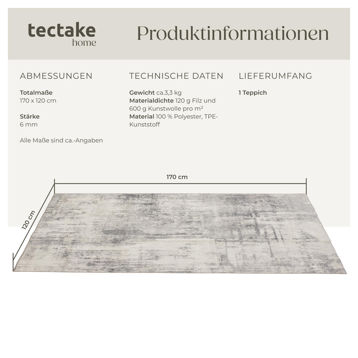 TEPPICH Vintage Design Nadira,rutschfeste Unterseite,beige/grau - Beige/Grau, Textil (120/170cm) - tectake
