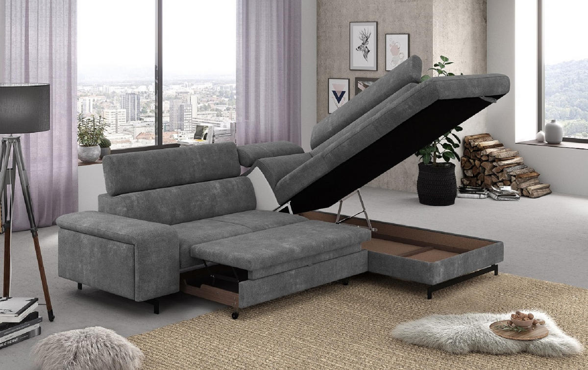 ECKSOFA mit Schlaffunktion und Bettkasten - Dunkelgrau/Schwarz, Kunststoff/Textil (215/262cm) - Cotta
