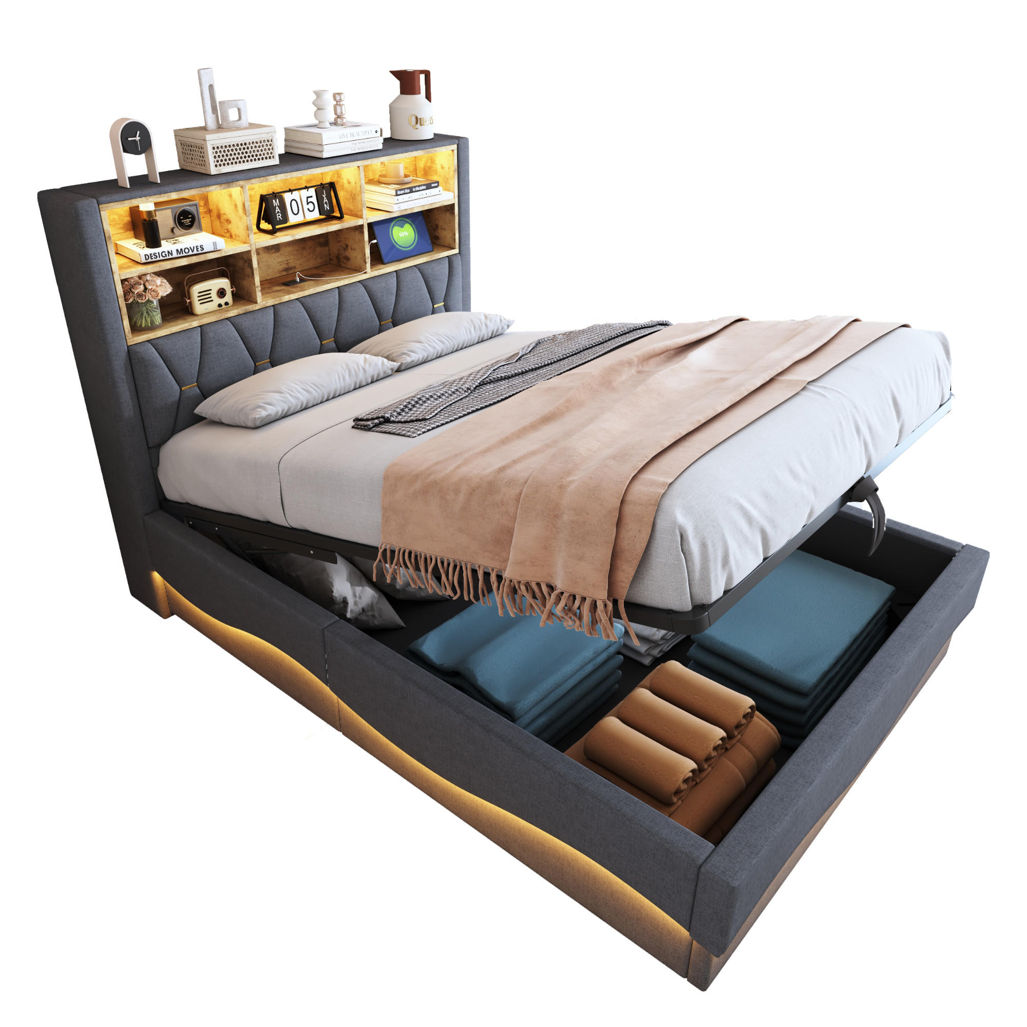WISHDOR ČALOUNĚNÁ POSTEL 140x200 cm šedá s lněným vzhledem, úložným prostorem, LED osvětlením a USB portem