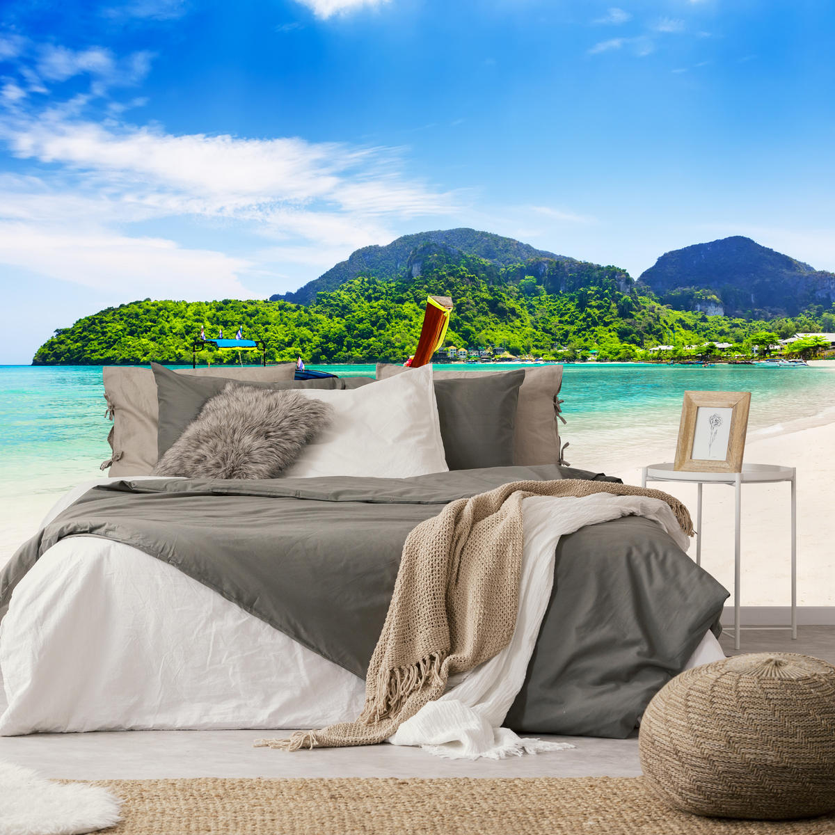 FOTOTAPETE für Schlafzimmer Boot Tropenstrand Palmen Meer 200x140 - Türkis/Blau, Papier (200/140cm) - Muralo