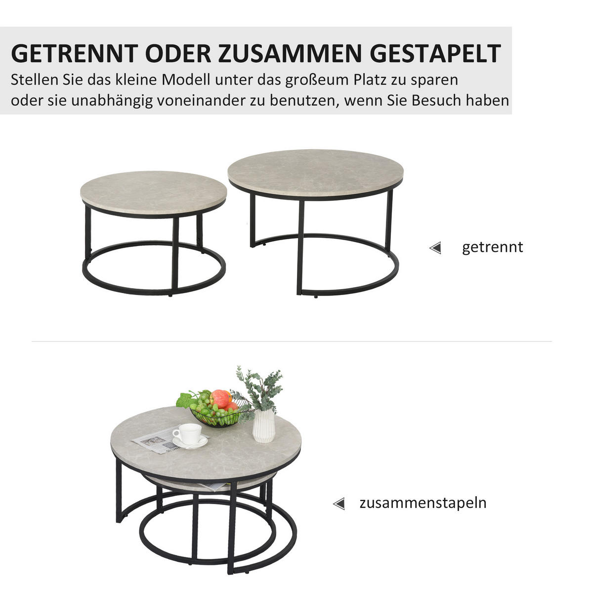 COUCHTISCH 2er-Set, Beistelltisch mit Metallgestell, stapelbar Sofatisch Grau - Hellgrau/Schwarz, Kunststoff (78.5/78.5/46.5cm) - HOMCOM