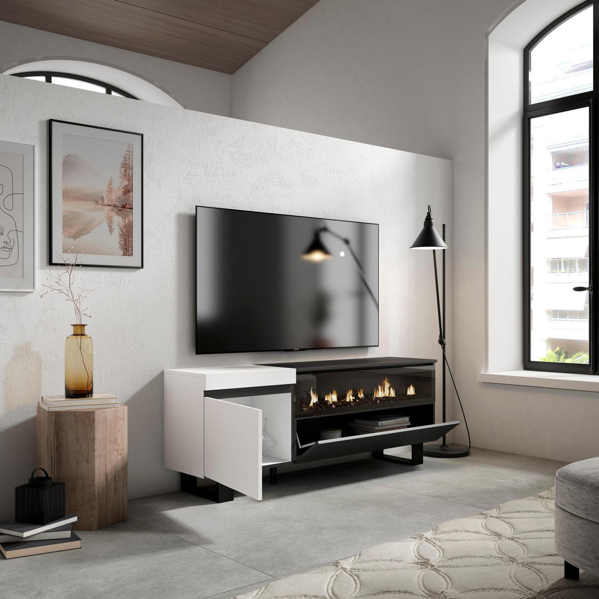 LOWBOARD, mit Elektrokamin, weiß, schwarz, 150/35/57cm - Weiß, Holzwerkstoff (150/57/35cm) - Skraut Home