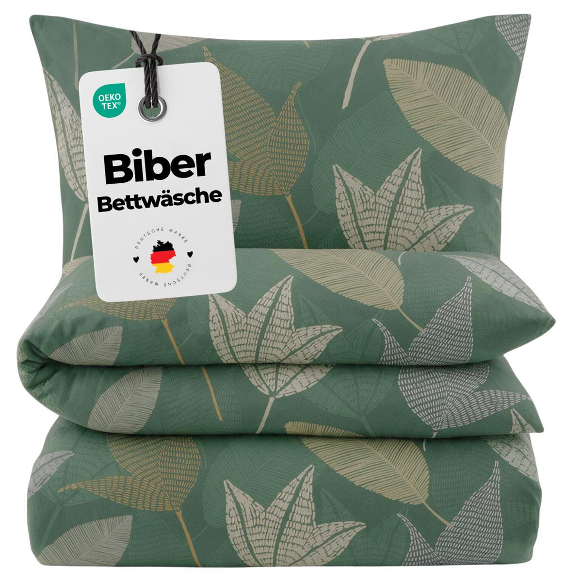 BIBER-BETTWÄSCHE 155x220 - Kuschelig warmer Flanell Bettbezug aus 100% Baumwolle für Herbst & Winter - Blätter Grün - Grün, Textil (155/220cm) - Carpe Sonno