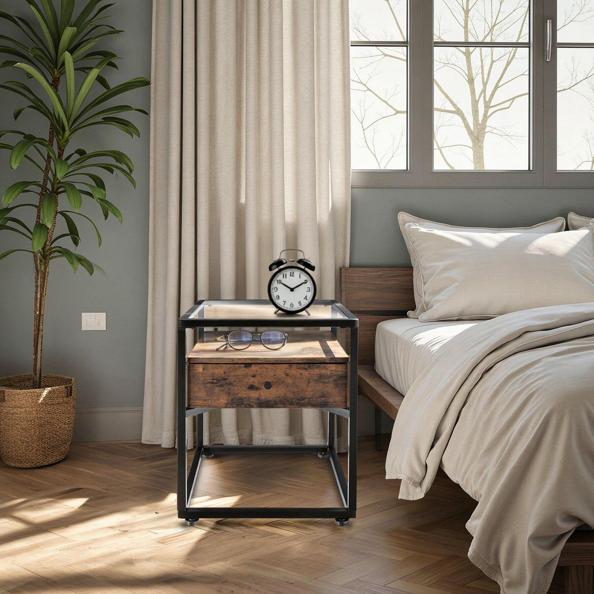 NACHTSCHRANK Preston, 43 x 45 x 54,5 cm, Industrial Holz dunkel, rustikal - Rostfarben, Holzwerkstoff (43/54.5/45cm) - tectake