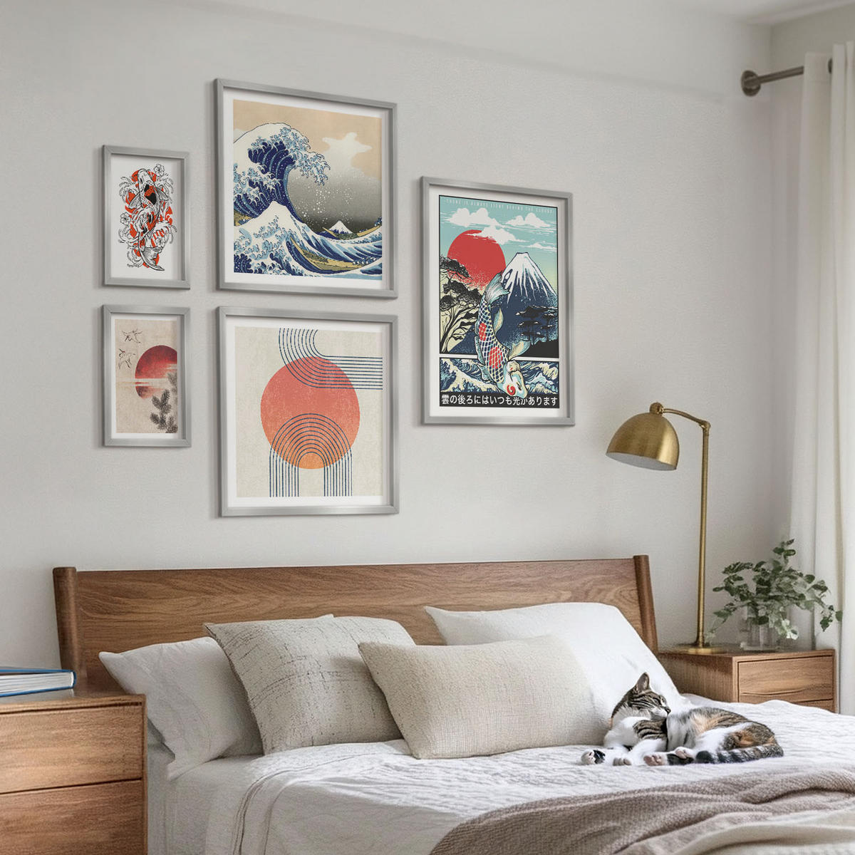 WANDBILDER 5er Set - 50x50 cm & 20x30 cm & 40x60 cm Silberner Rahmen - Illustrationen von Fischbergen, die sich in Japan ausbreiten - Silberfarben, Kunststoff (40/60cm) - ArtPrintCave