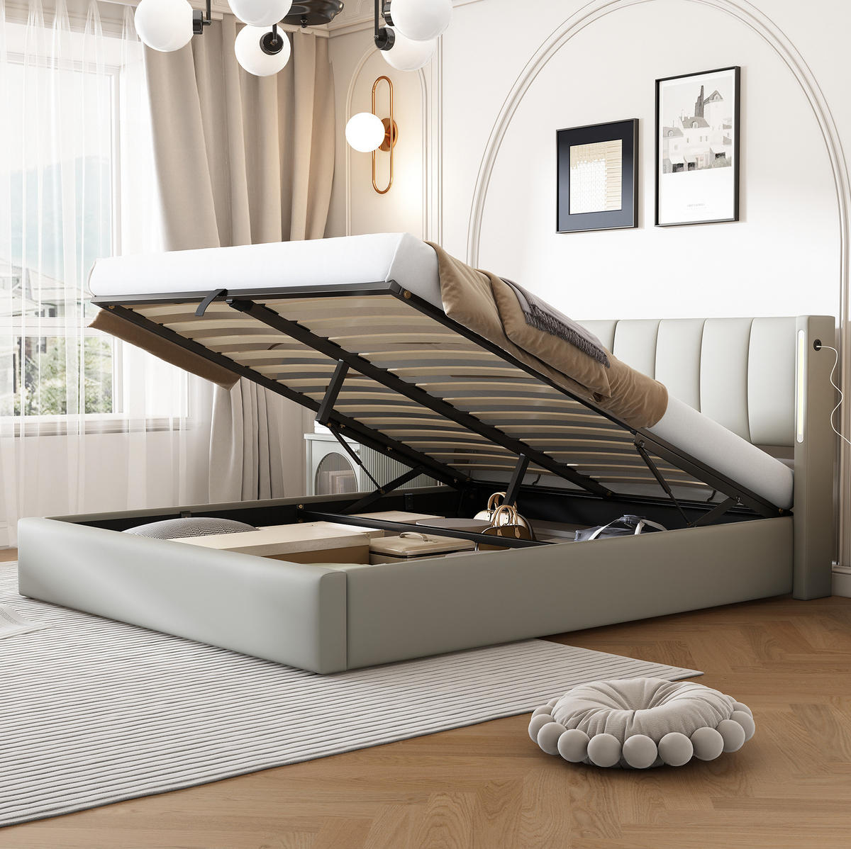 POLSTERBETT 140/190 cm mit LED-Beleuchtung, USB-/Type-C-Anschluss, verstellbarem Kopfteil und Bettkasten, PU, Grau - Grau, Kunststoff (140/190cm) - Redom